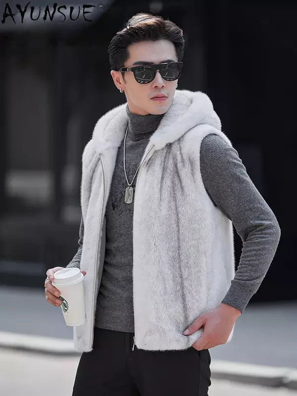 AYUNSUE Real Fur Coat Mink Fur Jackets for Men 2023 Luxury Sleeveless Fur Vest Mans Clothing Hooded Mink Fur Coats Streetwear