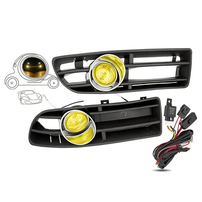 Yellow Light Front Fog Lights Assembly Fog Lamp Grille With Switch Harness For VW Bora Jetta MK4 1998-2004 Replacement
