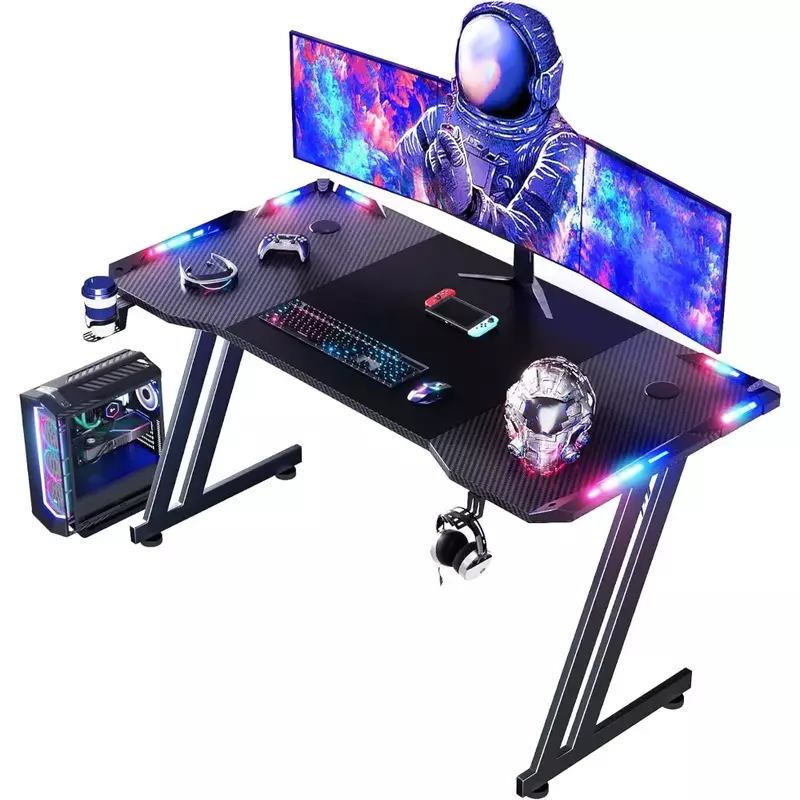 47 Inch Gaming Desk with LED Lights Carbon Fibre Surface Gaming Table Large Computer Desk Ergonomic Home Office Desks