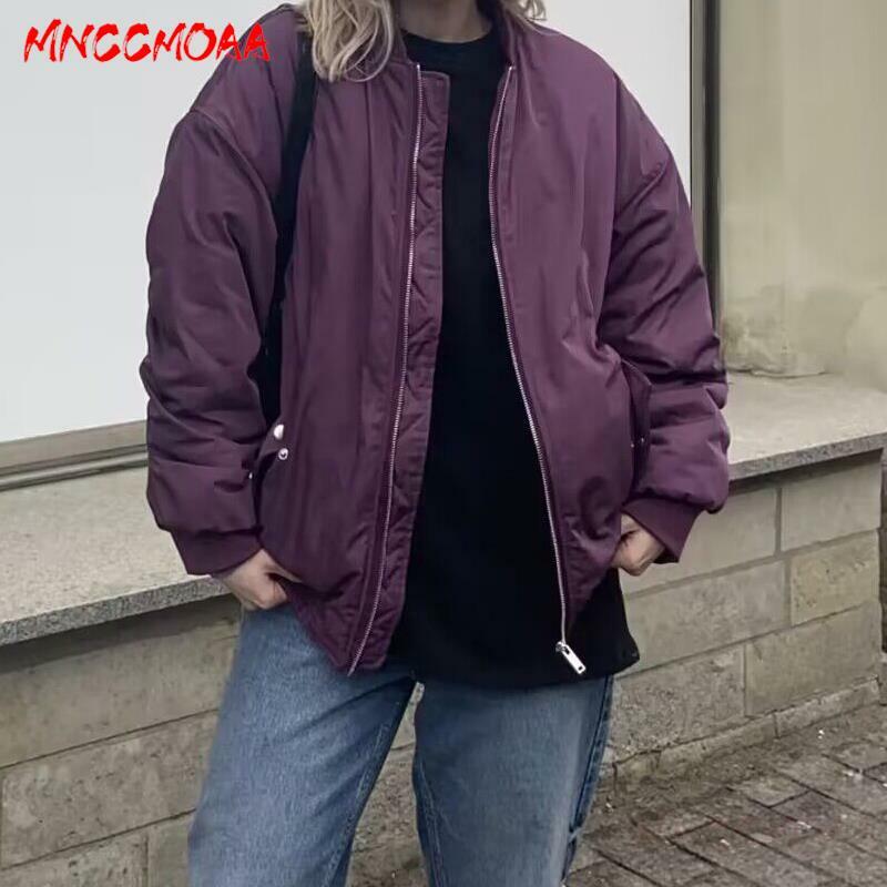 MNCCMOAA-Jaqueta bomber de algodão com gola solta feminina, tops casuais de manga comprida, casaco monocromático, moda inverno, 2024