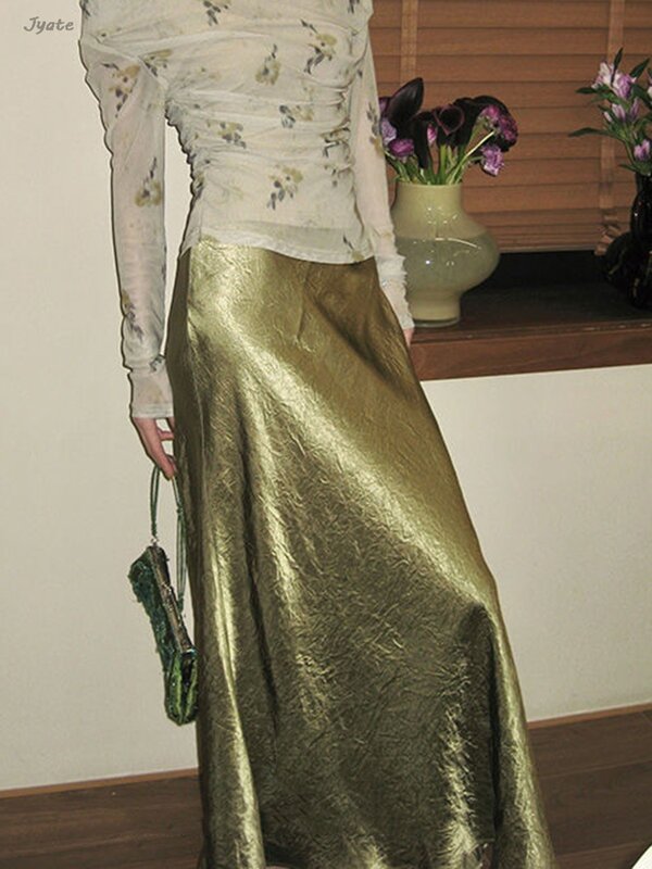 Falda larga francesa con estampado de flores para mujer, prenda de satén de lujo con cintura alta y cremallera, novedad de verano, 2024