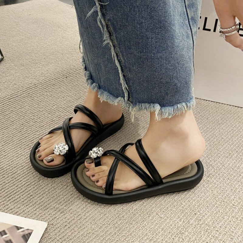 Women's Fashion Summer New Toe Set Shiny Crystal Slippers Cross Tie Thick Sole Wearing Beach Comfortable Sandals
