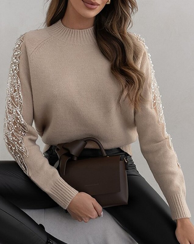 Contrast Sequin Beaded Sheer Mesh Patch Knit Sweater Women 2023 Winter New Solid Long Sleeved Commuting Pullover Sweater Tops