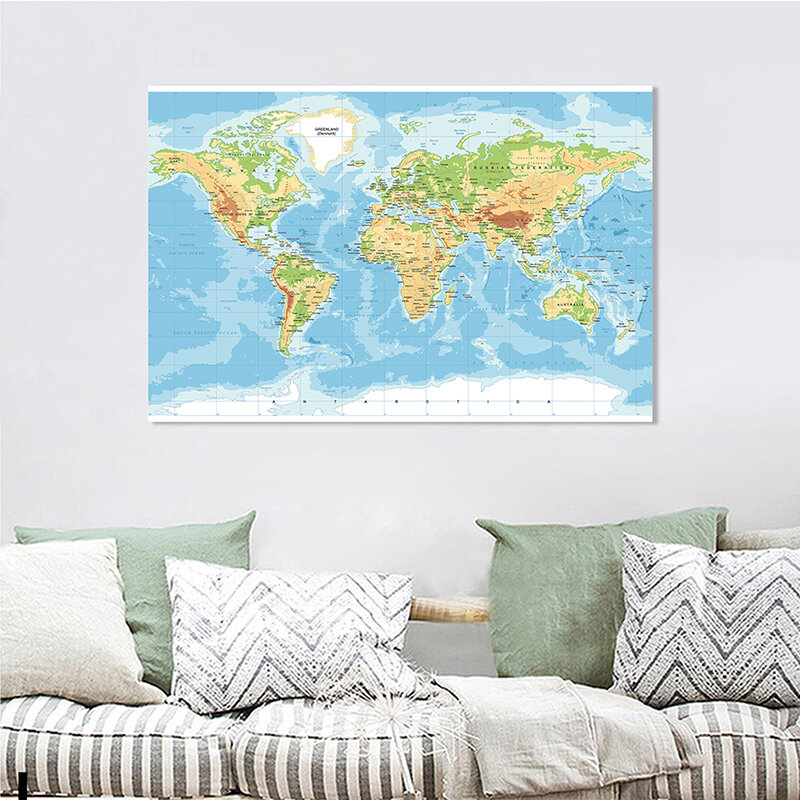 Proyeksi Mercator peta non-tenun dunia 150x225cm tanpa bendera negara untuk pendidikan dan budaya