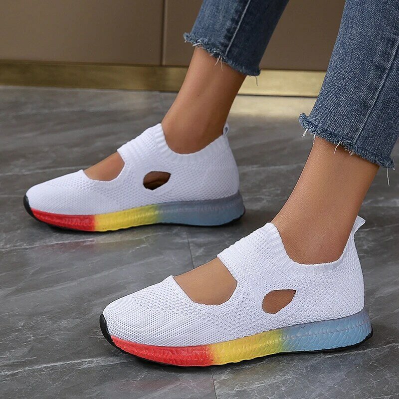 Spring Summer Fashion Women's Sneakers Mesh Colorblock Rainbow Sole plus Size Comfortable Breathable   Vulcanized sneakers2024