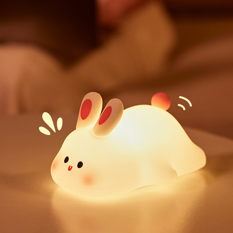 Luz de noche de conejo de silicona de cara grande, lámpara suave de dibujos animados, luz de noche táctil, luz de sueño para niños, decoración de habitación, regalo