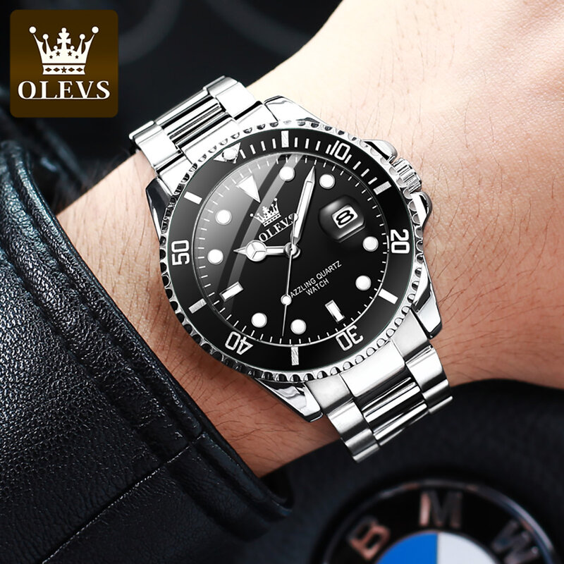 OLEVS jam tangan kuarsa tahan air bercahaya pria, arloji merek Top mewah bisnis olahraga bahan baja tahan karat dengan fitur tanggalan untuk pria