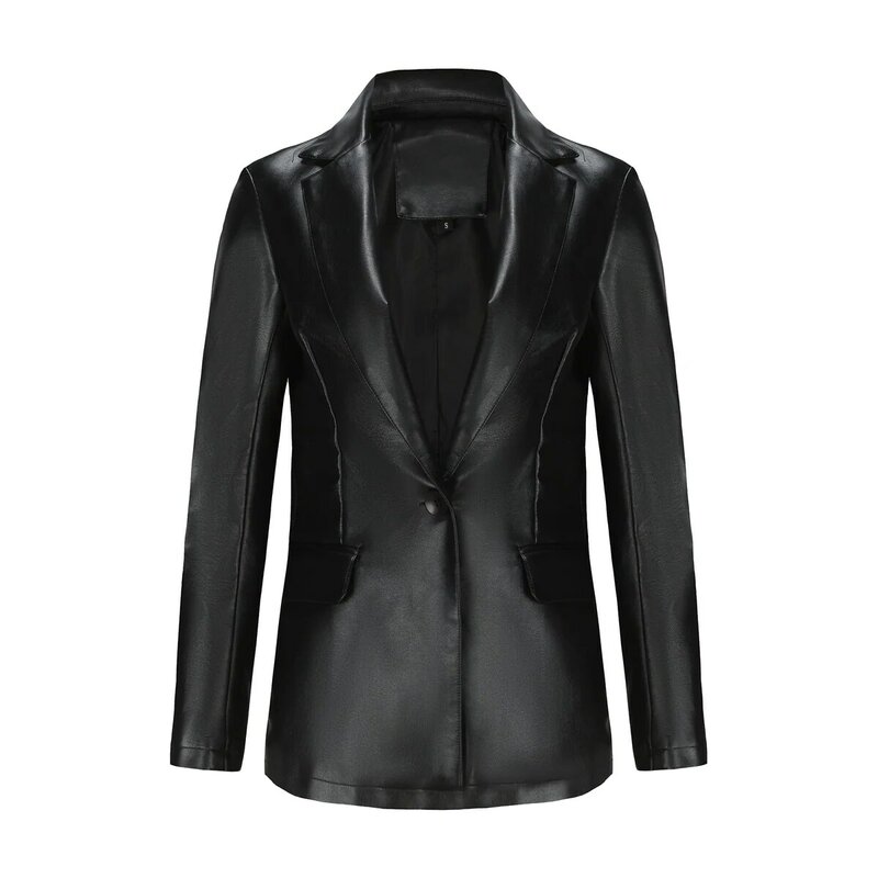 2024 New Little Suit Long Sleeve Coat Women's Single Button Commuter Casual Solid Leather Coat