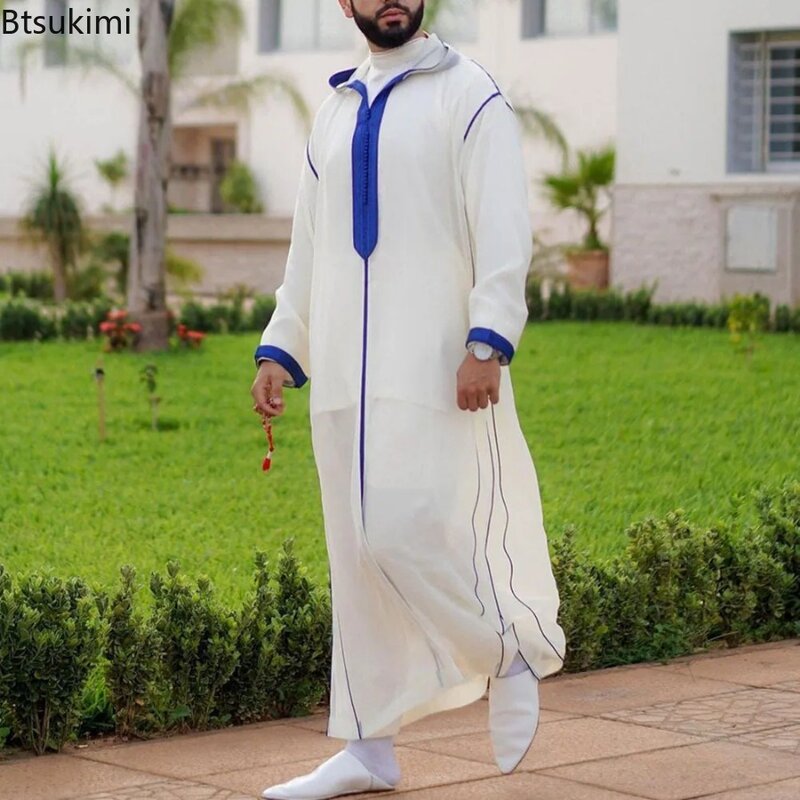 New 2024 Muslim Men Abaya Arabic Islamic Clothing Loose Shirt Robe Jubba Thobe Ethnic Print Saudi Arab Middle East Male Vestidos