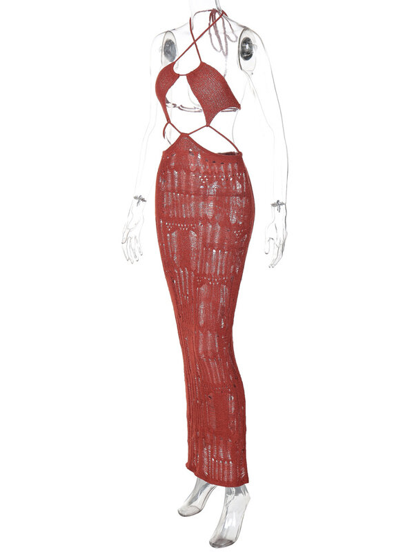Женское трикотажное платье с вырезами, летнее пляжное длинное платье на шнуровке, с лямкой на шее и открытой спиной, облегающее тянущееся платье макси, Клубная одежда, праздничные наряды