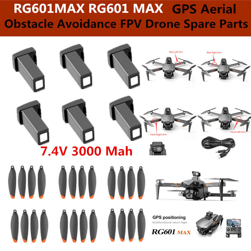 장애물 회피 GPS RC 드론 쿼드콥터 예비 부품, RG601MAX RG601 MAX 브러시리스 5G, 7.4V 3000mAh 배터리, 프로펠러, 암, USB
