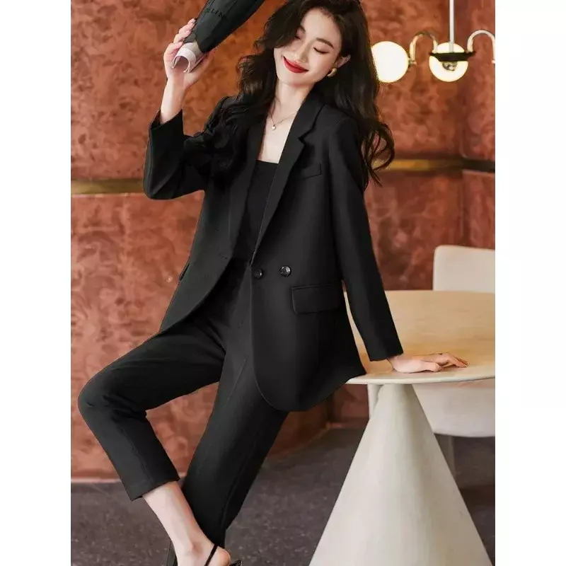 Conjunto de blazer e calças formal feminino com duas peças, terno de escritório, roupa de trabalho para senhoras, jaqueta solta feminina, rosa café e preto