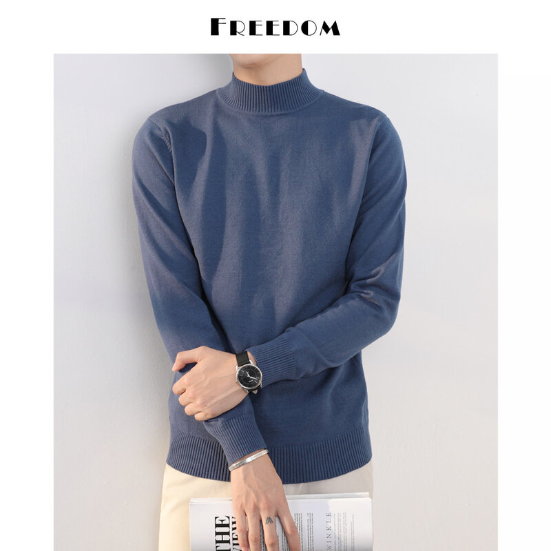 MRMT-suéter masculino meia gola alta estilo coreano, suéter fino de malha base, cor pura, top branco, arte da tendência, novo, 2024