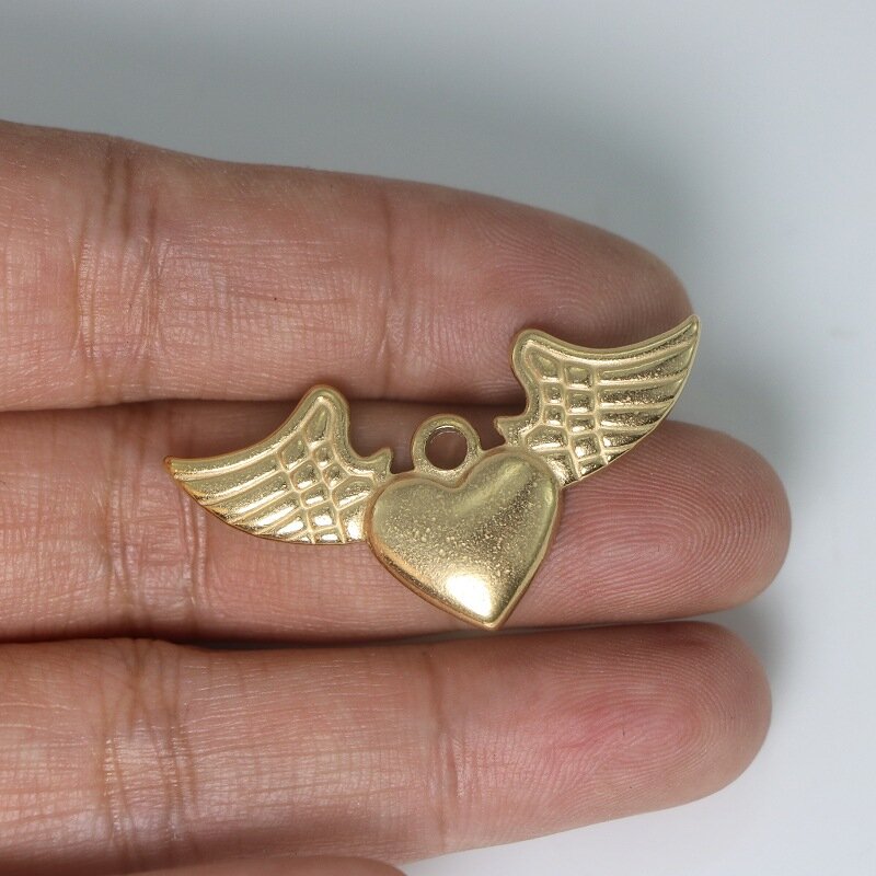 WZNB 3 buah liontin baja tahan karat pesona hati sayap malaikat warna emas untuk aksesori Diy kalung buatan tangan membuat perhiasan