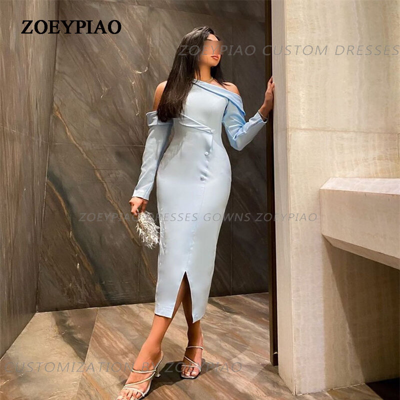 Light Blue Short Button Formal Dresses 2024 One Shoulder Full Sleeves Wedding Gust Gown Evening Dress Casual Gowns Custom Made