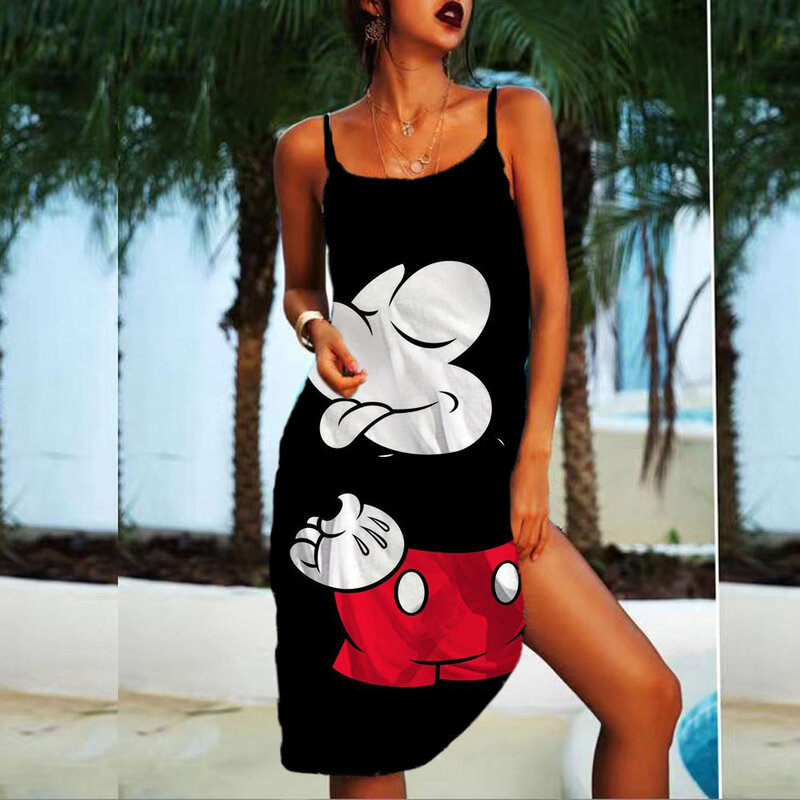 Disney-Mickey Minnie Kleider für Frauen weiche Frauen Strand kleider Sommer Mode Sling Print sexy Skinny Seaside Casual Overs ize