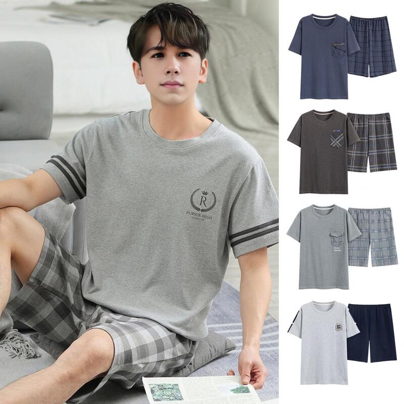 남성용 편안한 라운지웨어 세트, O-넥 티셔츠, 와이드 레그 반바지, 격자 무늬 바지, 반바지, 레저 잠옷 세트, 여름