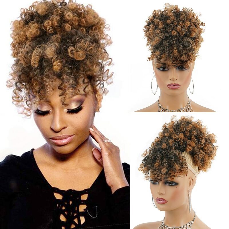 Afro Puff Proximity Wstring Ponytail with Bangs, Pineapple Updo Hair for Black Women, Short Kinky Curly Ponytail Bun (1B)