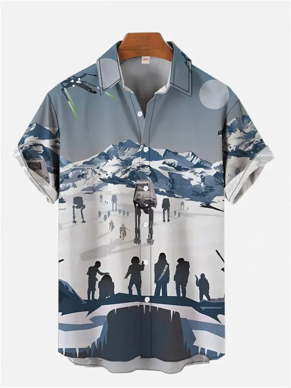 3D printed Hawaiian men's short sleeved shirt, lapel casual top, futuristic technology print, large size, summer novelty