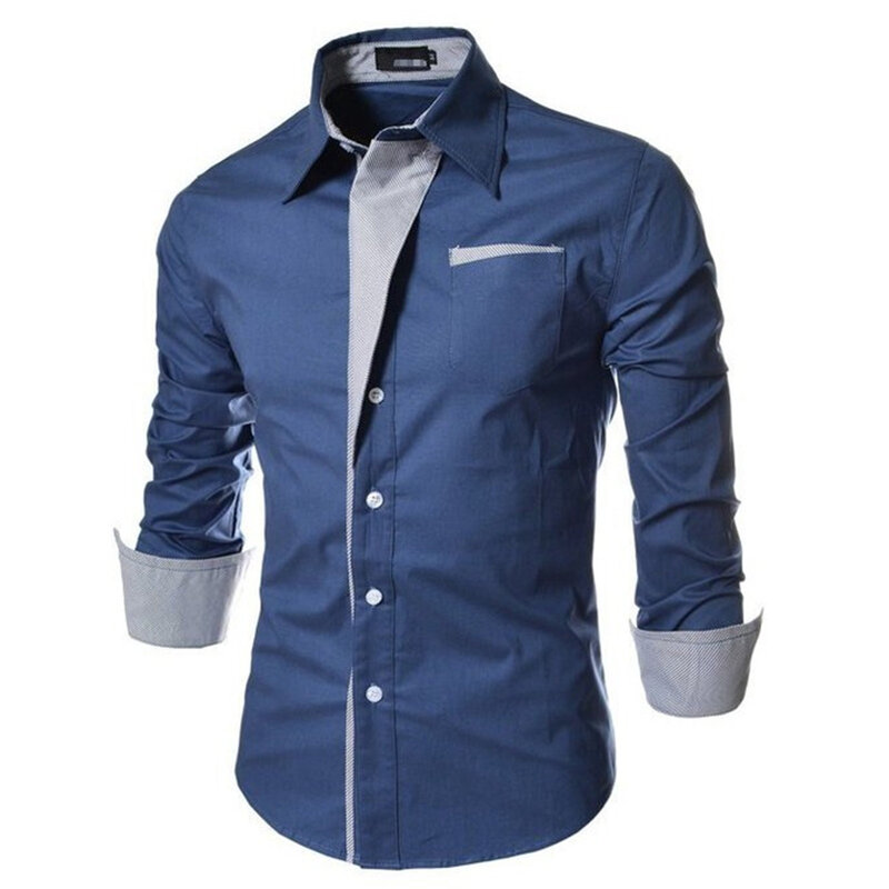 Camisa monocromática slim-fit masculina com manga comprida, lapela, slim-fit, casamento, trabalho, reunião, escritório, formal