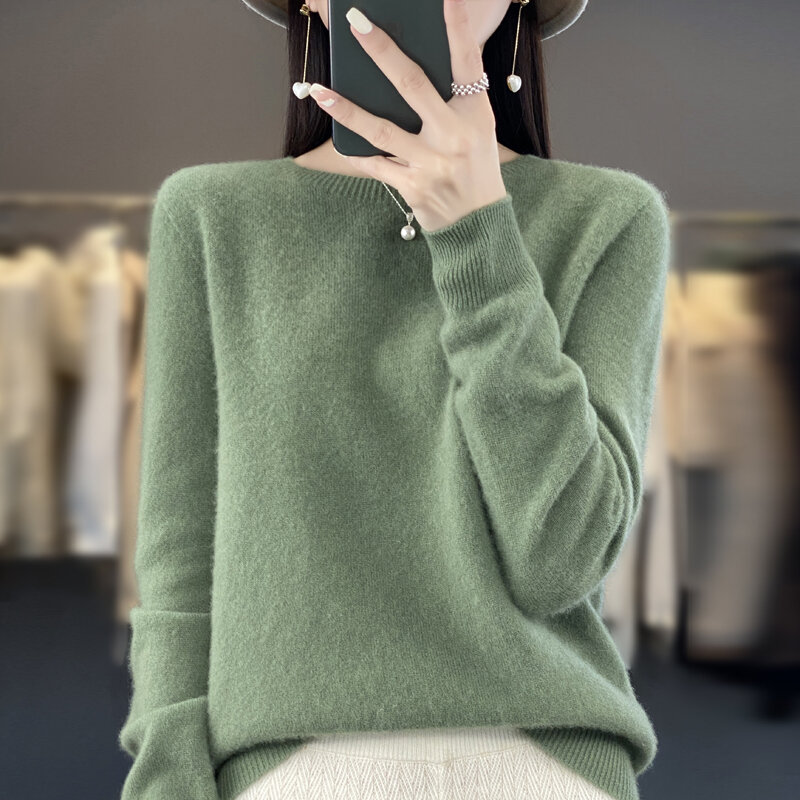 Suéter de punto de lana merina pura para mujer, Top de cuello redondo, Jersey cálido de cachemira sin costuras, ropa de otoño e invierno, 100%