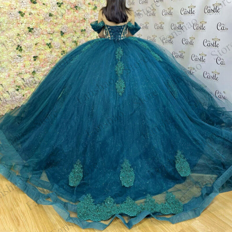 Fansha Ball Gowns Princess Prom Dress Saudi Arabric Boat Neck Sequin Crystals Floral Print Lace Up Appliques Made To Order