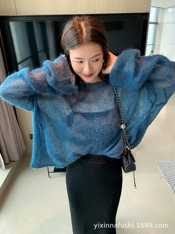 Suéter de Mohair de Color sólido para mujer, suéter suelto de gran tamaño, Sexy, sin hombros, punto hueco, transparente, Harajuku, manga larga