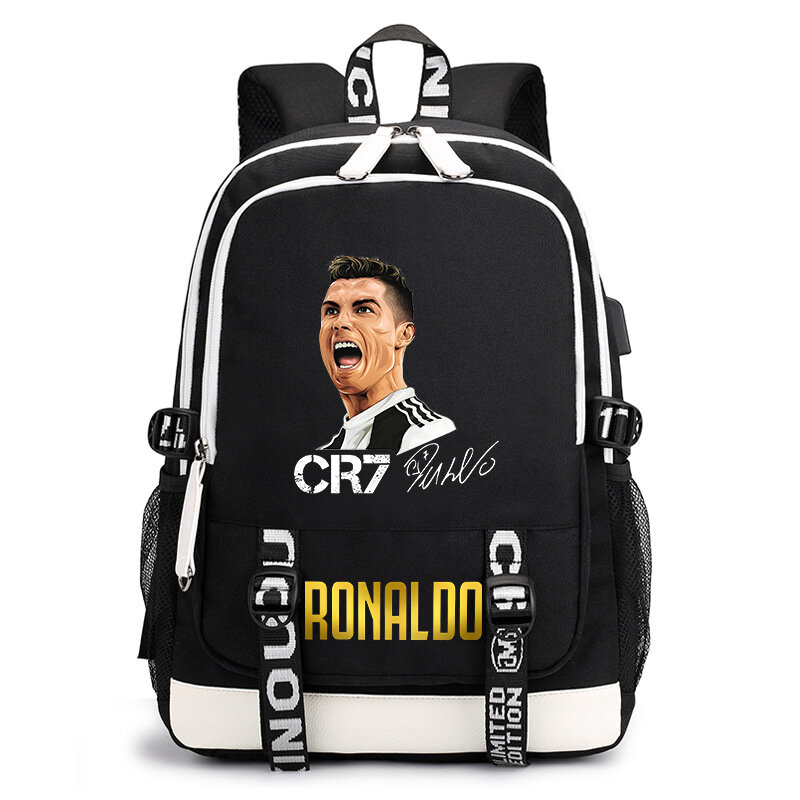 Ronaldo-mochila com usb impresso, preto, casual, para viagens ao ar livre, para estudante