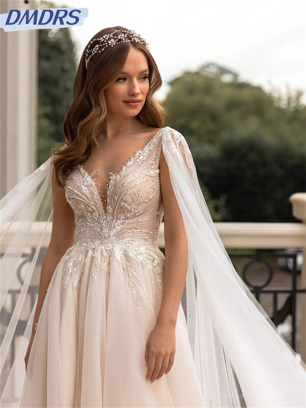 فستان زفاف مثير برقبة v عميقة ، حزام سباغيتي ، رومانسي على شكل حرف A-line ، طول الأرضية ، فساتين زفاف ، بسيط ، من من من الخارج