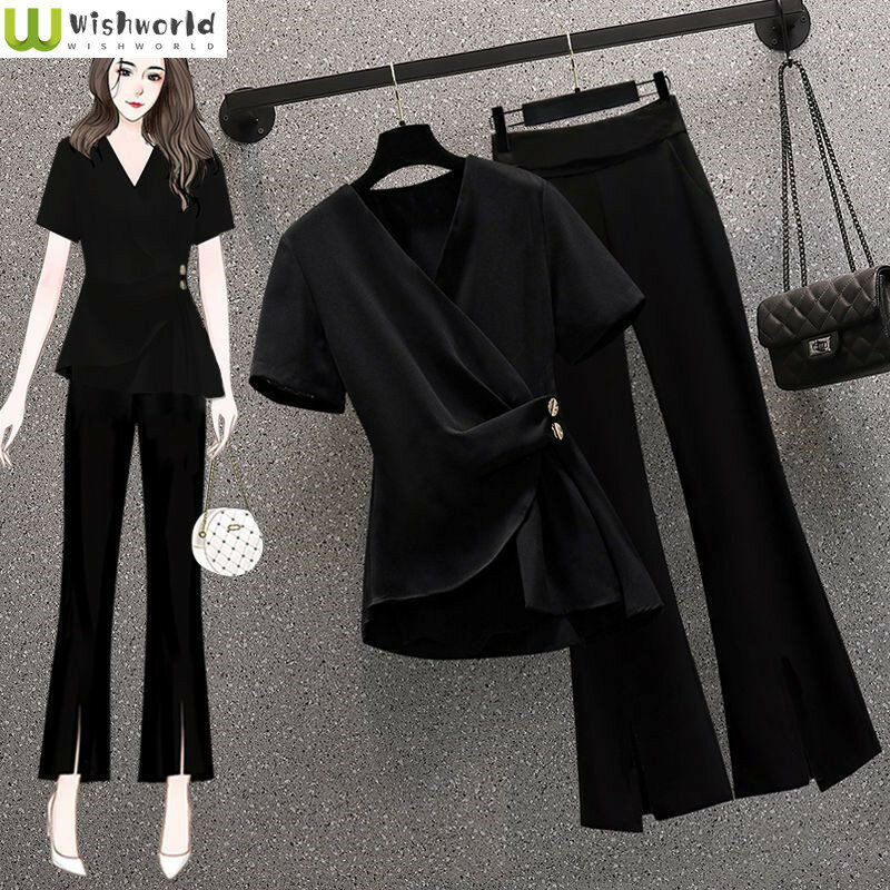 Temperament Waist Collection Chiffon Shirt Set for Women's Summer New Western-style Slimming Micro Flared Pants Two-piece Set