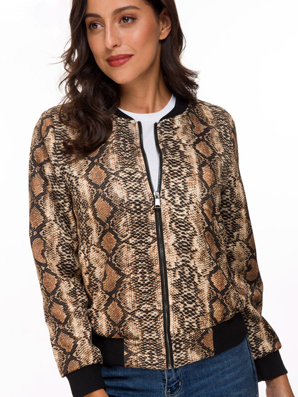 Vangull 뱀 피부 인쇄 자켓 여성 o-넥 지퍼 클로저 Sreetwear 코트 봄 새로운 긴 소매 캐주얼 야구 재킷