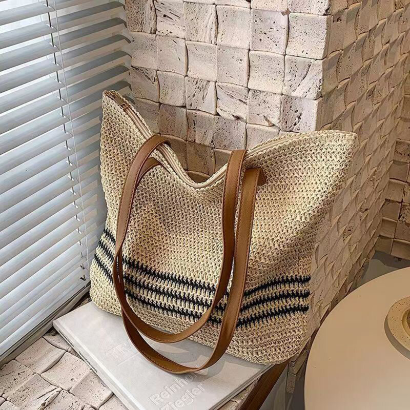 Summer Straw Shoulder Bags for Women Striped Woven Seaside Beach Vacation Shopping Bags Casual Female Shoulder Handbags Totes