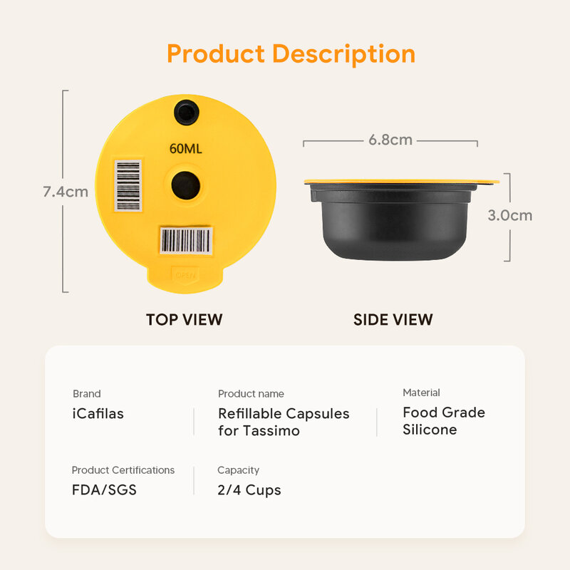 Reusable Coffee Capsule Pods for BOSCH-s Machine Tassimo Espresso Refillable Coffee Filters Pod Silicone Lid 60/180200/220ML