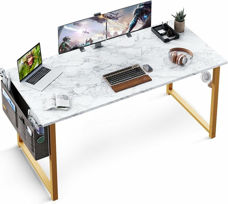 Odk Computer Schreibtisch 55 Zoll, robuster Home-Office-Tisch, Schreibtisch mit Aufbewahrung tasche und Kopfhörer haken, weißer Marmor gol