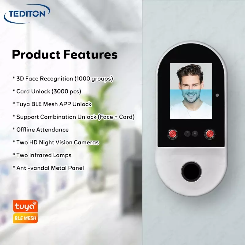 Tediton Nieuwe Aanwezigheidsmachine Tuya Slimme App-Lezer Gezichtsherkenning Toegangscontrole