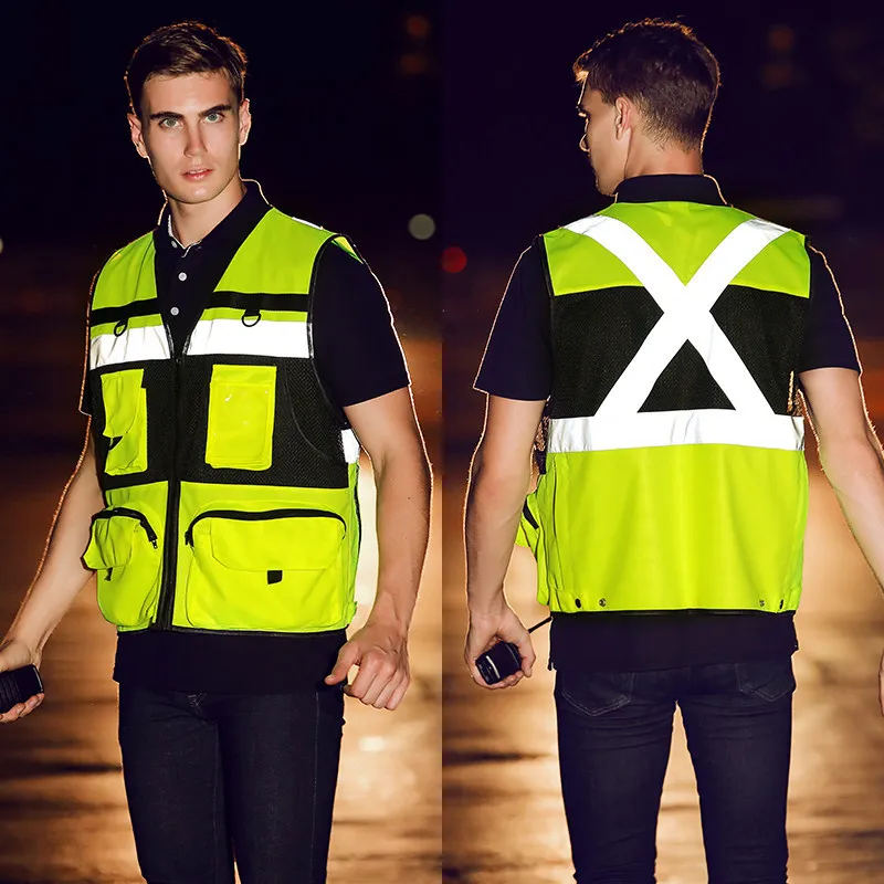 Custom LOGO Safety Vest Reflective Vest With Pockets Breathable Mesh Safety Workwear High Visibility Vest