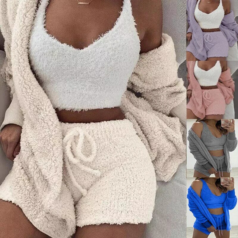 Three Piece Sexy Fluffy Outfits Plush Velvet Hooded Cardigan Coat+Shorts+Crop Top Women Tracksuit Sets Casual Sports Sweatshirts