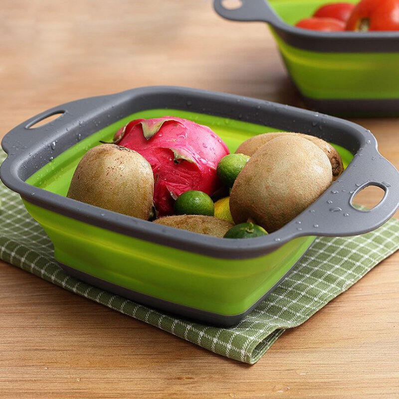 Colador plegable de silicona para lavar frutas y verduras, cesta con mango, herramientas de cocina