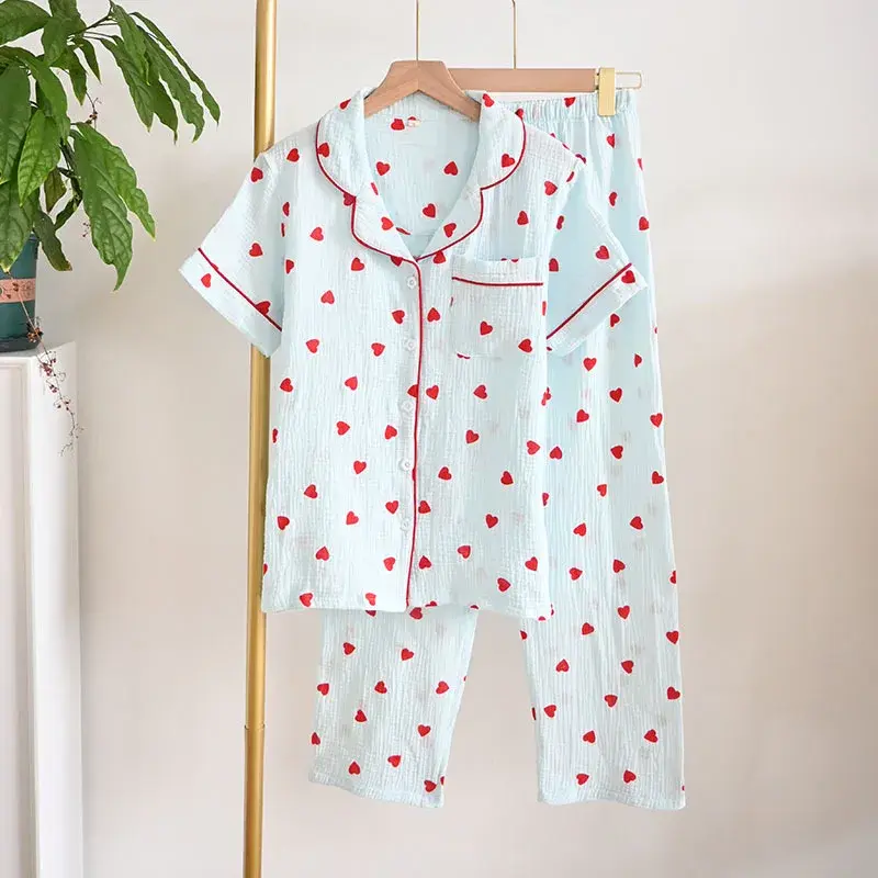 Conjunto de pijama con estampado de corazón para mujer, ropa de dormir transpirable de tela 100% de algodón, suave, para el hogar, primavera y verano