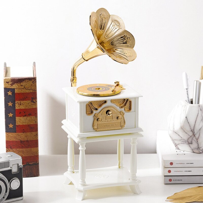 European-style Creative Gramophone Model Music Box Retro Music Box Record Home Living Room Bar Office Decoration Gift Ornaments