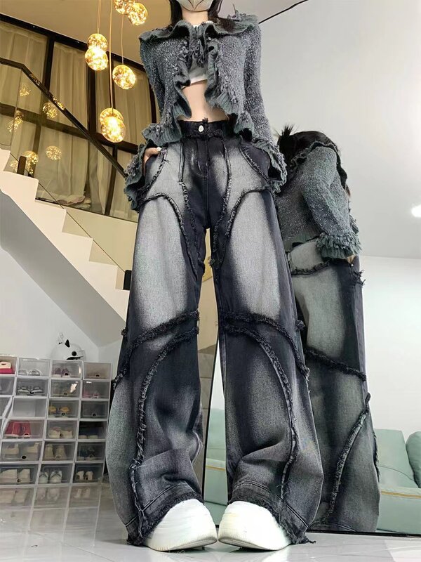 Ciężki przemysł niszowy amerykański patchworkowy nieobszyte brzegi jeansy męskie Y2k moda workowate dżinsy gotyckie spodnie z szerokimi nogawkami w stylu Harajuku