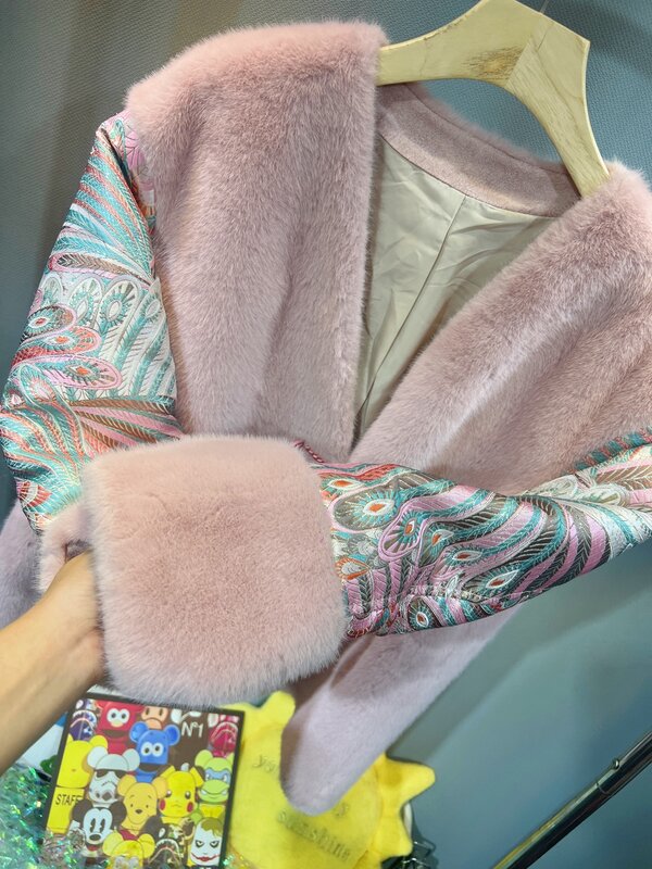 Abrigo Retro de manga larga con cuello en V para mujer, chaqueta de piel sintética de visón Rosa dulce, Jacquard, invierno, 2023