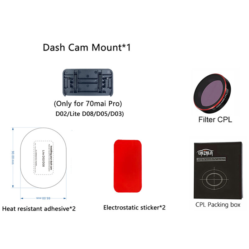 Montagem para 70mai Pro D02 e D08 Dash Cam, Filtro CPL, Pro D02 Lite D08