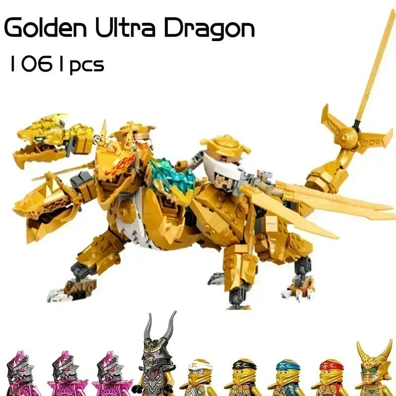 New Season 17Golden Ultra Dragon Building Blocks Tetraposaurus Four-headed Dragon 71774 Bricks Toys For Kids Gifts