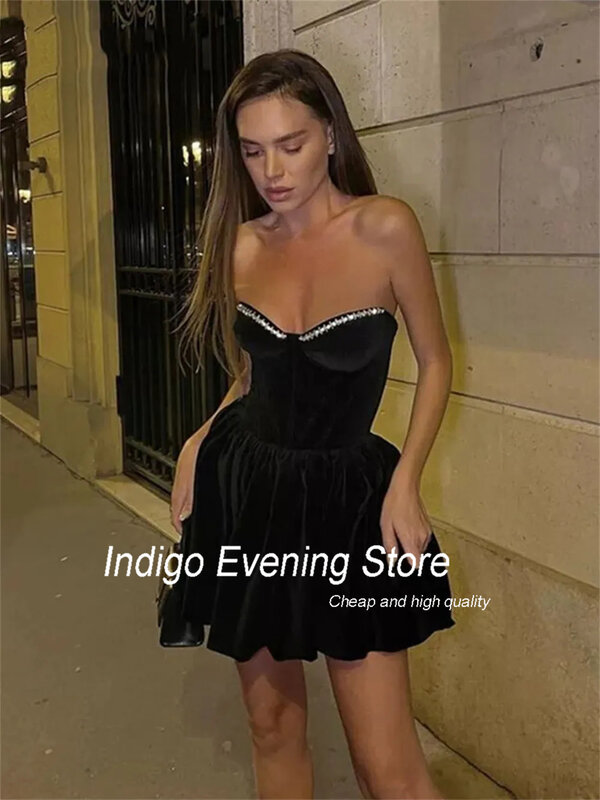 Indigo Sweetheart Black Sleeveless Velour Evening Dresses Club Party Prom Gowns Above Knee Robe de soiree Vestidos de festa