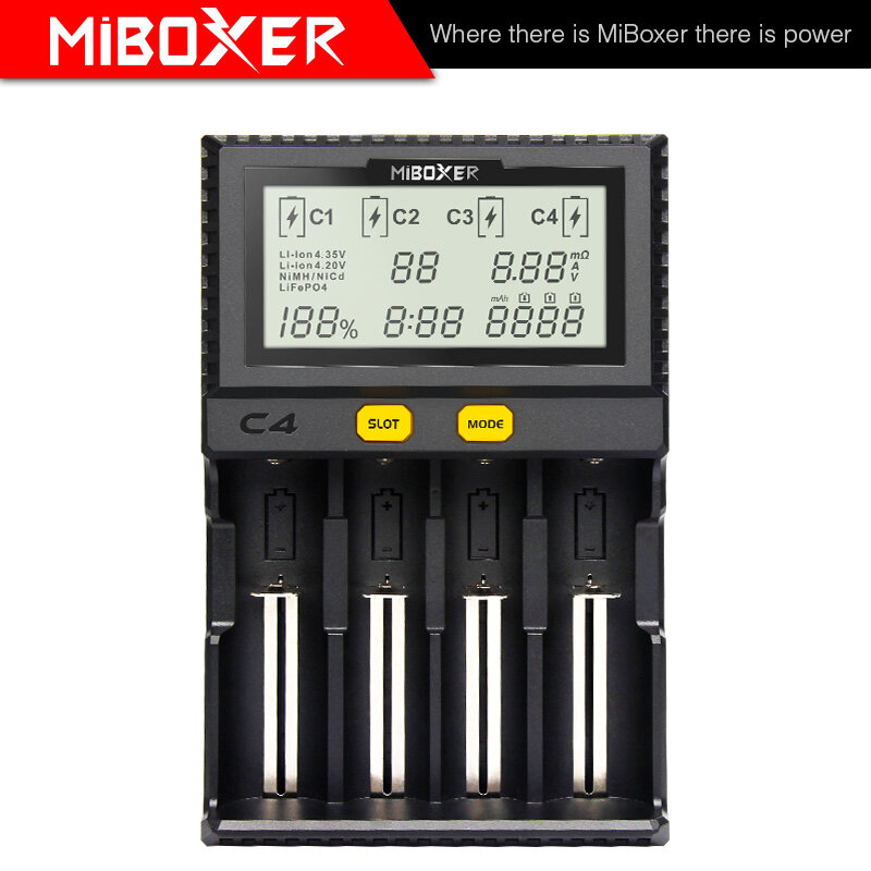 MiBoxer-cargador inteligente de batería C4, doble AA Max, 2.5A/ranura, súper rápido, 18650, 14500, 26650, función de carga de descarga