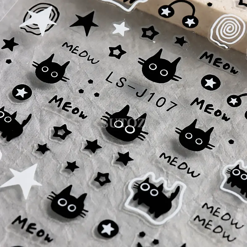 3D Cartoon Nail Stickers, Cute Cat, Estrelas, Letras, Y2K, Coreano, Japonês, Nail Art, Manicure Decors, Nail Sliders, Preto, NLLS-J107