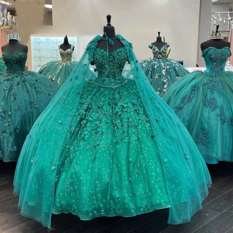 녹색 프린세스 퀸시네라 드레스, 오프숄더 아플리케 볼 가운, 달콤한 꽃무늬 16 드레스, 15 아뇨스 멕시코