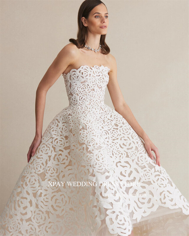 XPAY Sexy Strapless Full Lace A Line Wedding Dresses Vestido de noiva Modern Bridal Gowns Corset Back Robe de mariage 2024