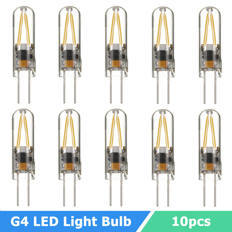 Mini G4 LED filamento lâmpada LED, branco quente, concha de vidro, fresco, quente, candelabro, 3W, 12V, 10Pcs